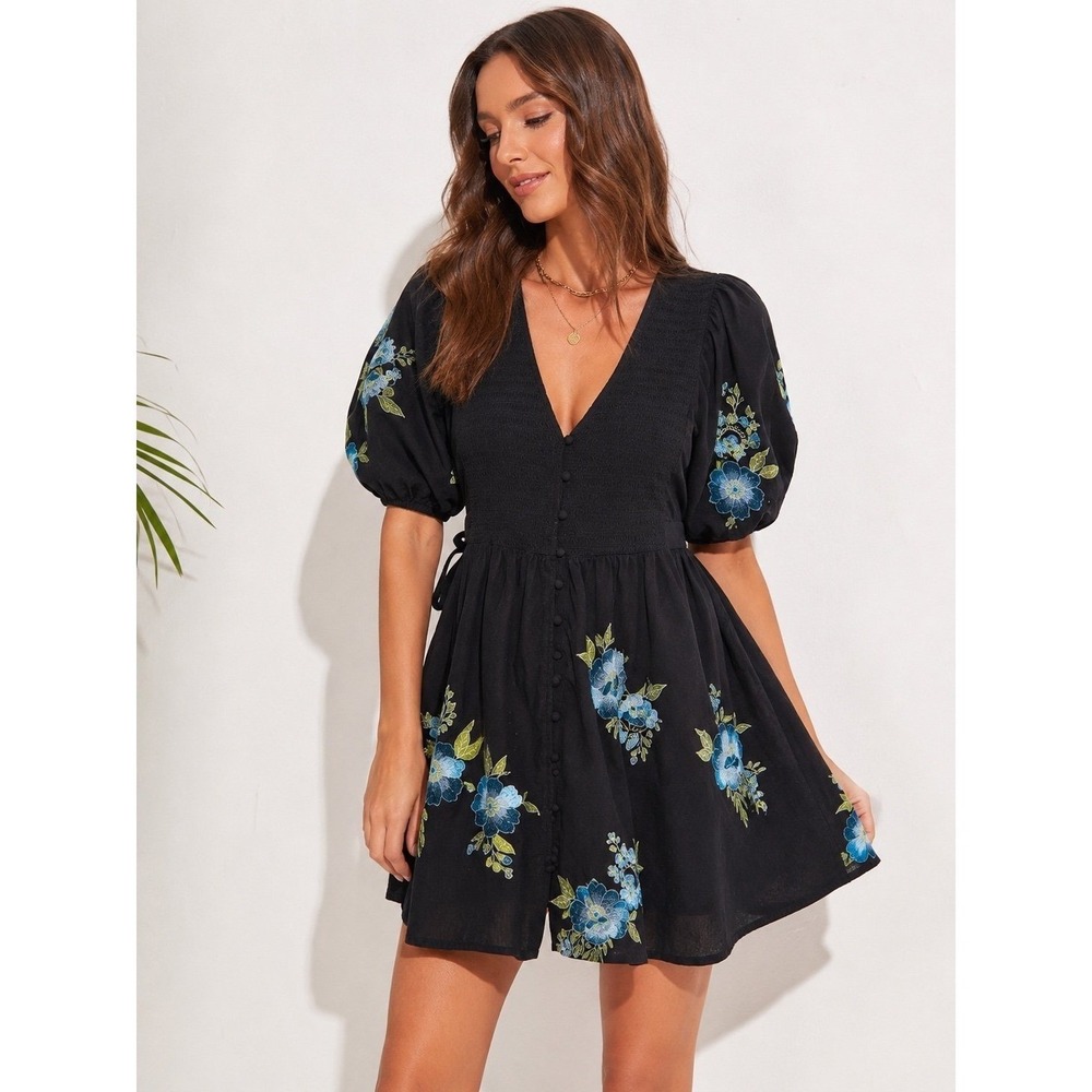 ASOS DESIGN Black Embroidered Floral Puff Sleeve‎ Cotton Mini Dress S 4